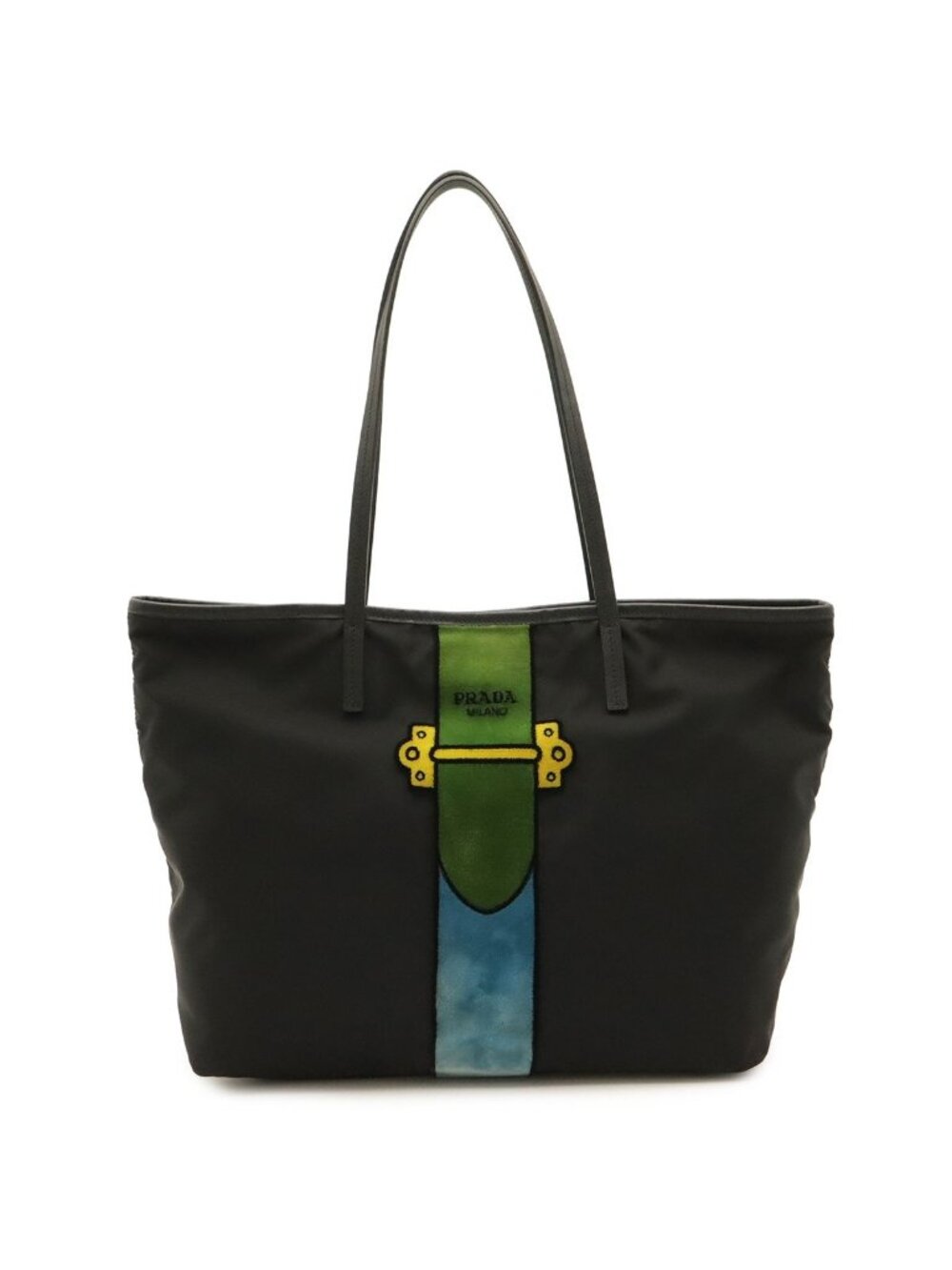 Prada Velour Belt Motif Tote Shoulder Bag Nylon Leather Black Blue
